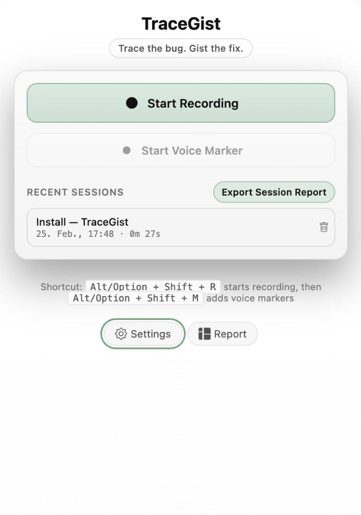 TraceGist browser extension popup with recording controls